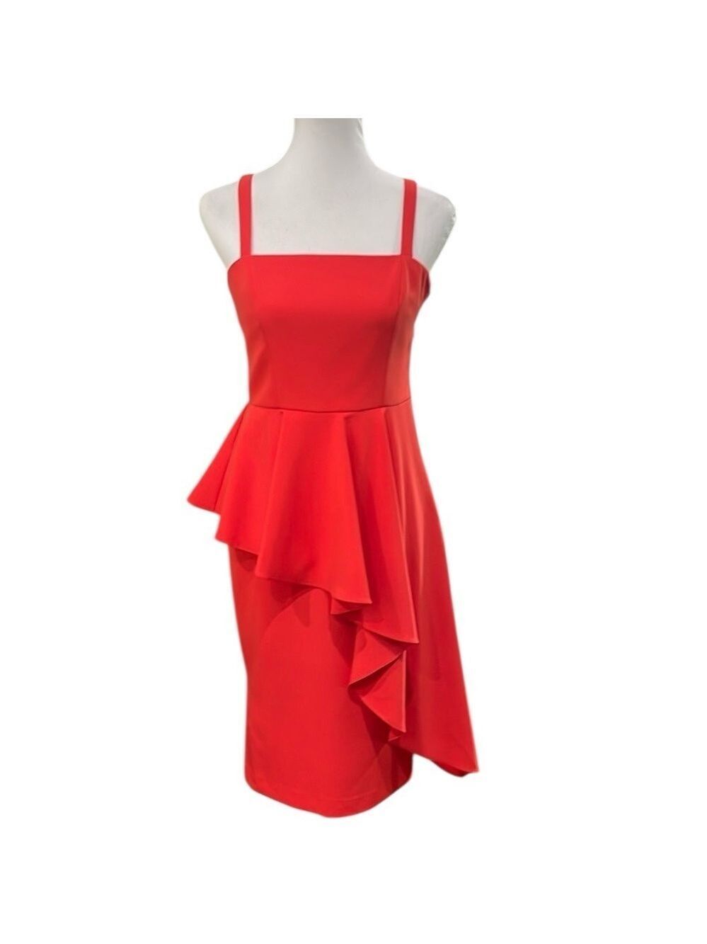 Milly Asymmetrical‎ Tiered Peplum Ruffle Dress Square Neckline SZ 4 Red Orange